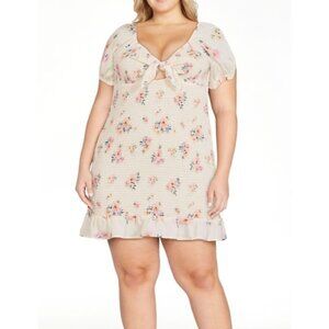 Madden NYC Floral Baby Doll Dress Puff Sleeves Ruffle Hem Cream Size XXXL New